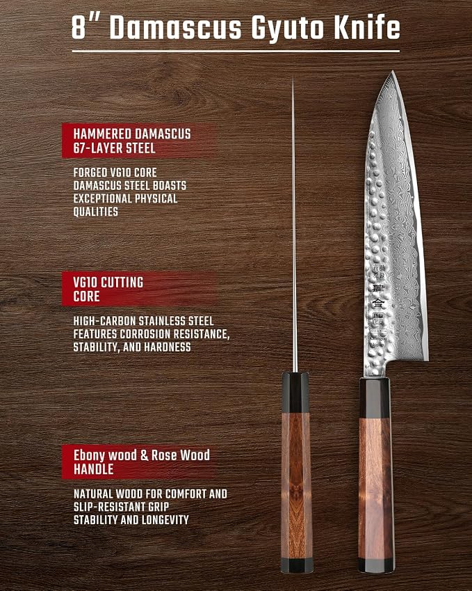 VG10 Damascus Chef Knife, 8.27 Inch Gyuto Knife with Rose Wood Handle and 67 Layers Damascus Steel, Japanese Kitchen Knife with Premium Gift Box