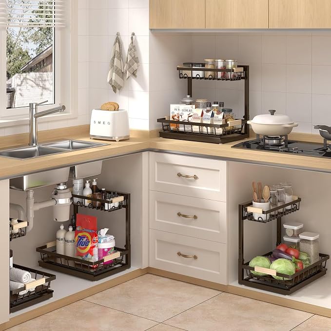 2-Pack 2-Tier Height Adjustable Under Sink Organizer & Storage | Multi-purpose storage for kitchen & bathroom cabinet. Extra Large brown shelf, height adjustable design for space-saving.