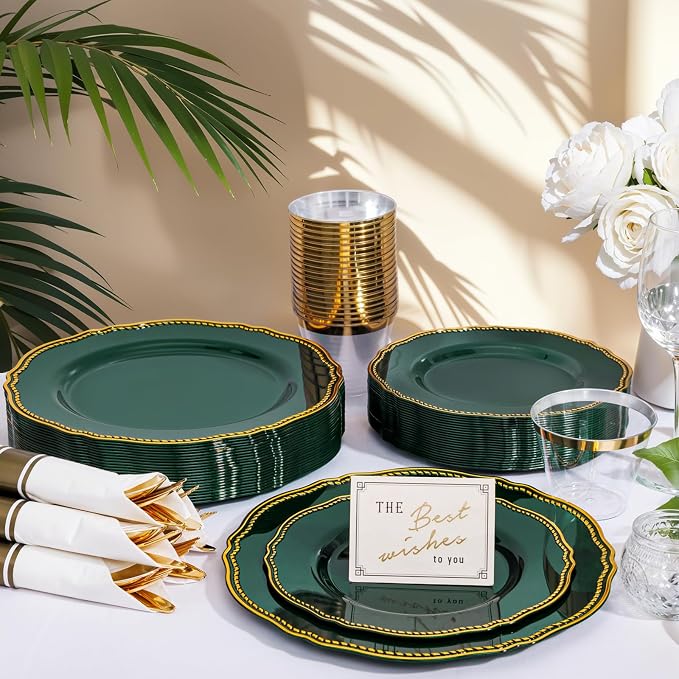175 Pcs Green Gold Plastic Plates Wedding & Party | Gold Plastic Dinnerware Set Includes 25 Dinner Plates, 25 Dessert Plates, 25 Gold Utensils, 25 Napkins