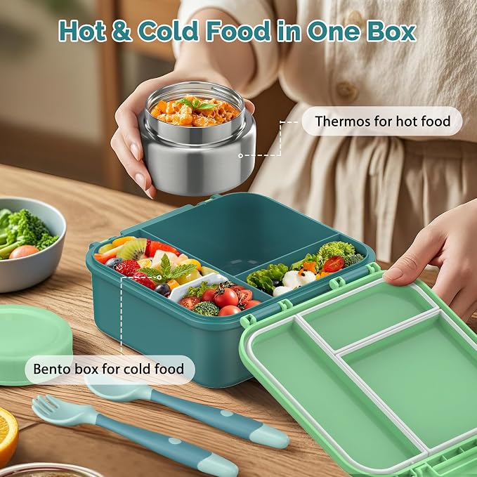 Kids Bento Lunch Box with Soup Thermo (9oz)– Hot & Cold Lunch Container with Leak Proof Insulated Food Jar for School Girls Boys, Ideal Size for Ages 3 to 7, Green