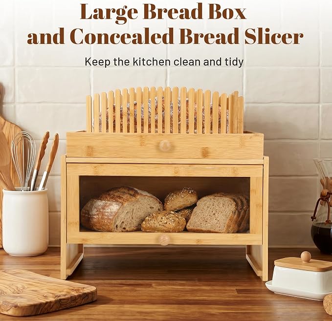 3in1 Bread Box for Kitchen Countertopm with Bread Slicer Bread Serving Tray | Bamboo Bread Storage for Homemade Bread, Bread Slicer for Homemade Bread for Slicer Storage and Bread Tray