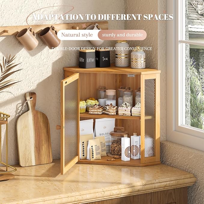 STDDRE Corner Bread Box Kitchen Countertop Extra Large Capacity Farmhouse Bread Box, Corner Countertop Storage, Double Layer Bread Holder (Natural, Extra Large)