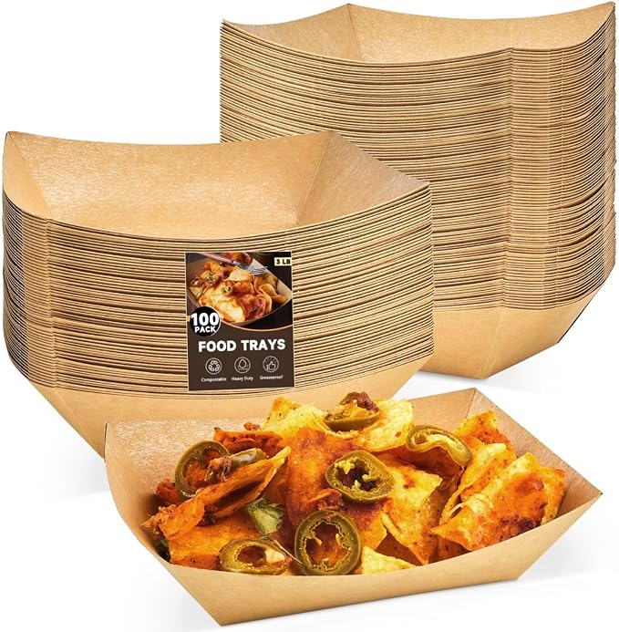 ZORRITA Paper Food Trays, 3 Lb, 100 Pack | Disposable, Kraft Paper, Nacho Trays, Food Boats, Taco Holders, Party Serving Baskets, For Hot Dogs Snacks Tacos Fries