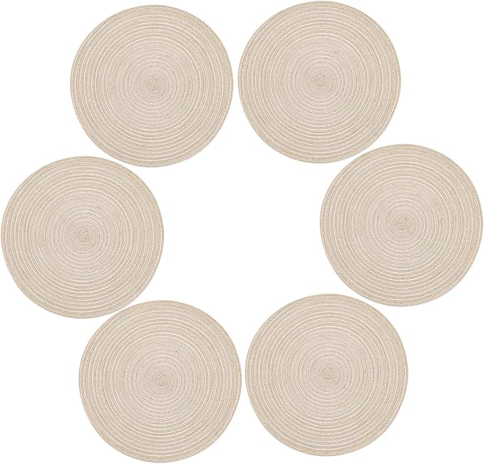 Topotdor 14 Inch Round Placemats Heat-Resistant Stain Resistant Anti-Skid Washable Polyproplene Table Mats Placemats (Beige, Set of 6)