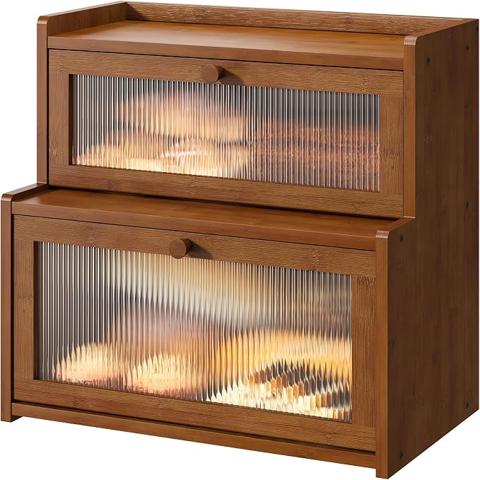 Bread Box for Kitchen Countertop Double Layer Large Corner Bread Box Capacity Bread Storage Bin Farmhouse Breadbox Container Organizer Cabinet Cupboard (Brown)