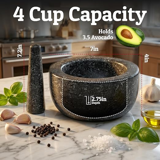 Heavy Duty Large 4 Cup Mortar and Pestle Set, 100% Natural Granite, 7 Inch Diameter Bowl, 7.2 Inch Pestle, Non-Slip Base, Stone Grinder for Guacamole Salsa Pesto Herbs Spices, Black