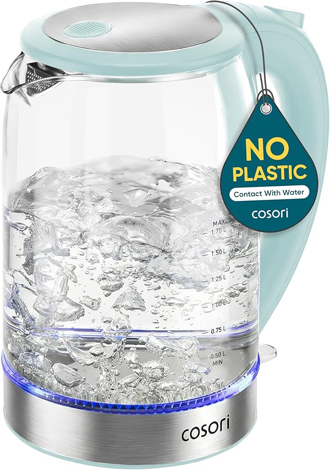 Cosori Electric Kettle, No Plastic Contact with Water, 1.7L, Green | Wide Opening, Easy to Clean, Auto Shut-Off, Boil-Dry Protection, Tea Kettle, Hot Water Boiler, Borosilicate Glass, 1500W