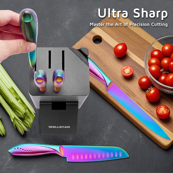 WELLSTAR Rainbow Knife Set 8 Pieces, Iridescent German Stainless Steel Kitchen Knives Set with Wooden Block, Colorful Titanium Coating, Chef’s Knife Block Set with Scissors and Built-in Sharpener