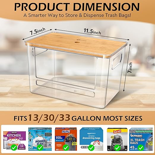 Stackable Trash Bag Dispenser with Wooden Top for Holding 13/30/33-Gallon Large Bag Sizes – Extra-Large Garbage Bag Holder with Anti-Slip Base, Trash Bag Dispenser Under Sink (11.5"x7.5"x7")