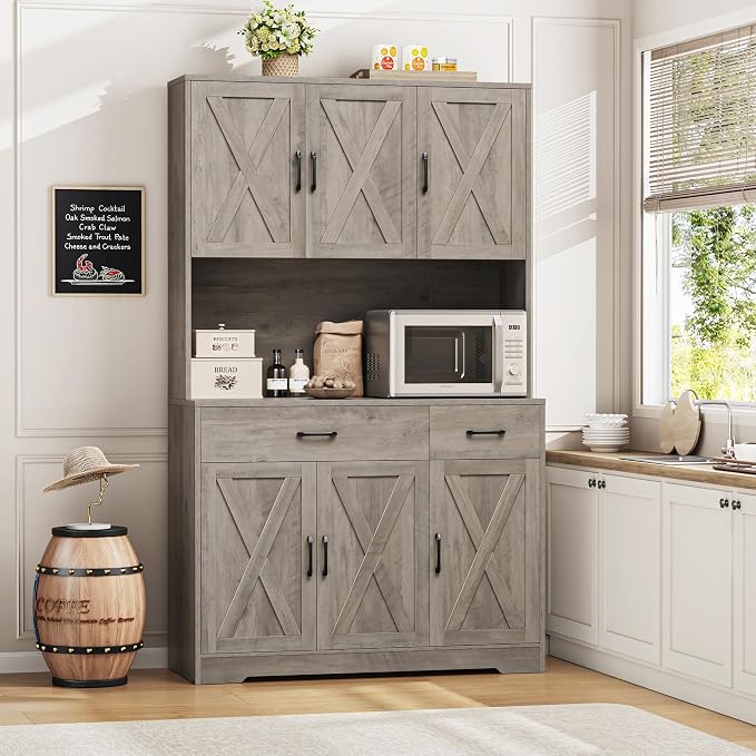 HOSTACK 71" H Kitchen Pantry Storage Cabinet, Farmhouse Hutch Cabinet, Grey | Space-Saving Pantry Cabinet with Charging Station & 2 Large Drawers & Adjustable Shelves, Tall Kitchen Hutch, Dining Room