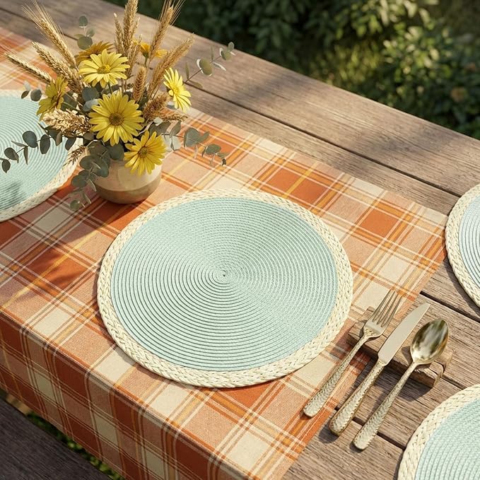 Round Placemats Set of 8, Woven Table Mats, Mint Green | Braided Paper Edge, 15 Inch Diameter, Fits Dinner Plate and Flatware, Wipeable, Heat Resistant, Indoor Dining, Outdoor Patio