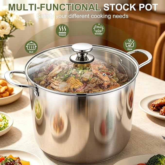 P&P CHEF 20 Quart Stock Pot with Lid, 20 Qt Large Stainless Steel Stockpot | Good for Cooking Pasta Soup, Cookware for Induction Gas Electric Stoves, Visible Lid & Measuring Markings, Dishwasher Safe