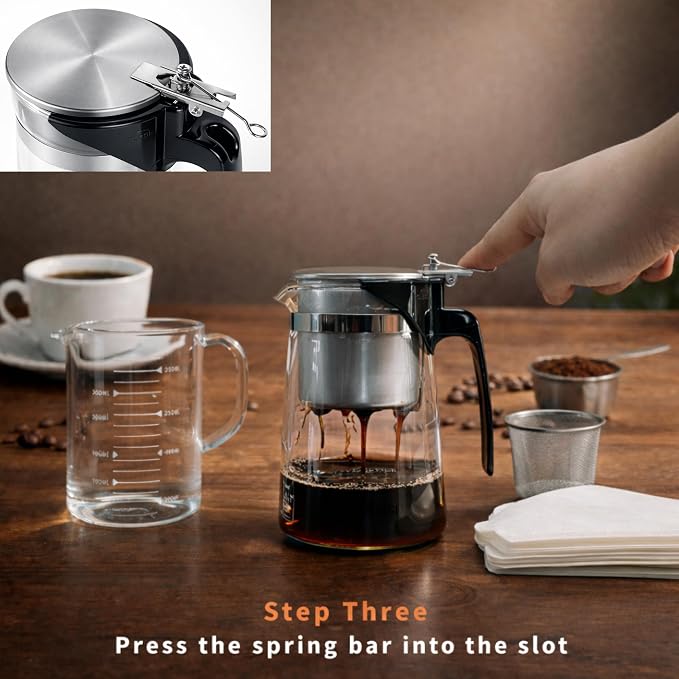 Pour Over Coffee Maker Set, 304 Stainless Steel Coffee Dripper with On/Off Switch, Borosilicate Glass Small Coffee Pot, 50 Filter Papers, Multi-Functional Immersion Drip Cafe Brewer Machine (1, 250ml)
