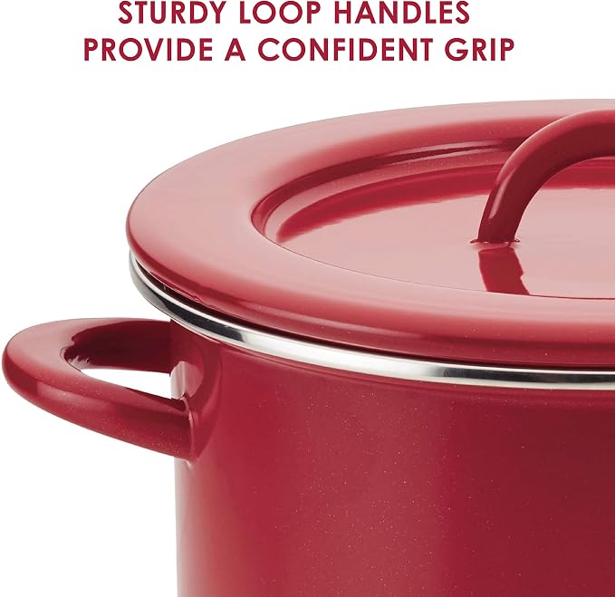 Rachael Ray Create Delicious Large Enamel on Steel Induction 12 Qt Stock Pot with Lid, Red Shimmer