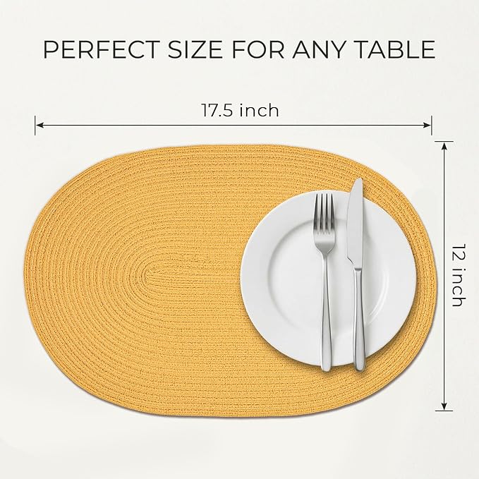Placemats Set of 4, Woven Oval Braided Dining Table Mats(Mustard Yellow) | 12 x 17.5 Inch Size Fits Plates and Flatware; Hand Washable and Heat Resistant for Kitchen Use, with Farmhouse and Boho Style
