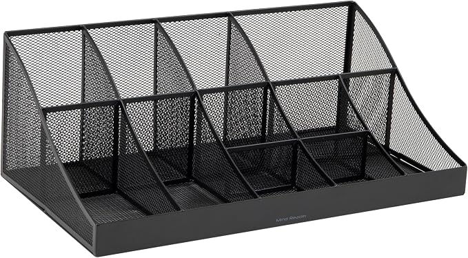 Mind Reader Countertop Organizer, 2 Tier Mesh Storage Caddy with 11 Compartments for Office Supplies, Breakroom Essentials, and Snacks