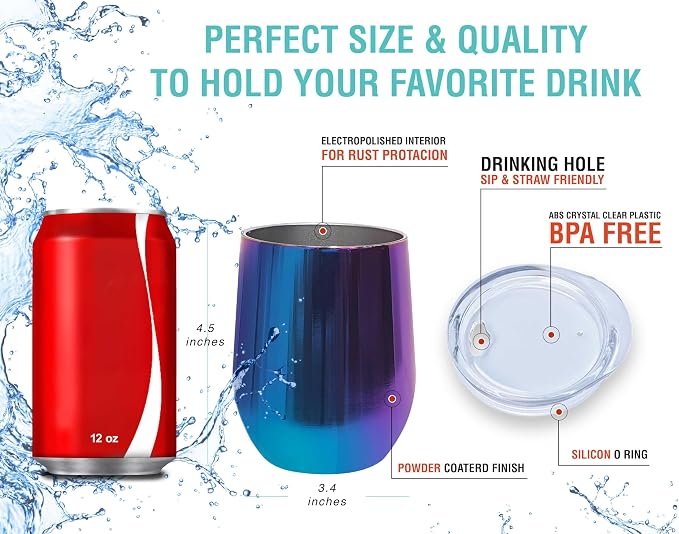 CHILLOUT LIFE 12 oz Stainless Steel Wine Tumbler with Lid - Double Wall Vacuum Insulated Wine Cup Glass Keeping Cold & Hot for Coffee, Champagne, Cocktails, Ice Cream - Dishwasher Safe Color