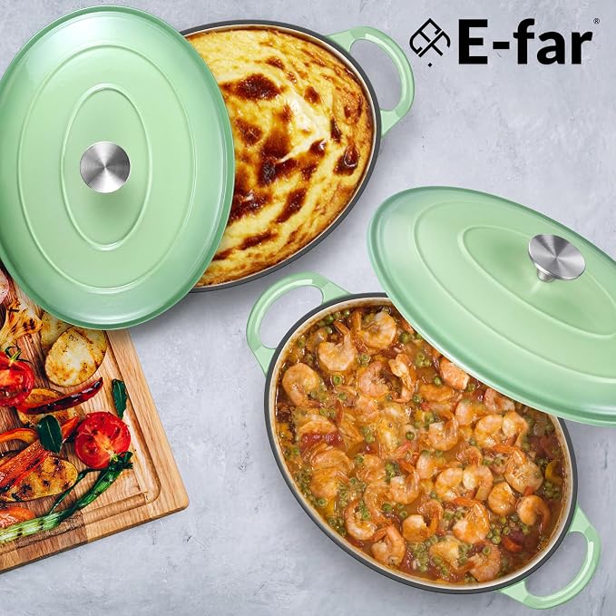 E-far 7QT Oval Dutch Oven Pot with Lid, Green Enameled Cast Iron Dutch Oven | with Dual Handles for Homemade Sourdough Bread Baking Cooking, Nonstick Enamel Coated Cookware, Non-Toxic & Easy Clean