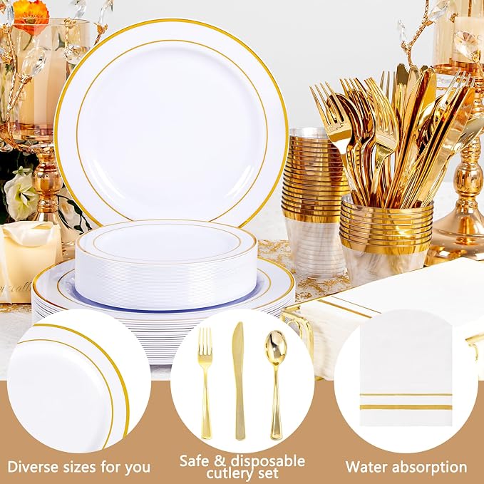 GATHER 176PCS White and Gold Plastic Plates for Wedding and Party | Gold Disposable Plates include 50 Plates, 75 Silverware, 25 Napkins, 25 Cups, 1 Tablecloth for Bridal Shower