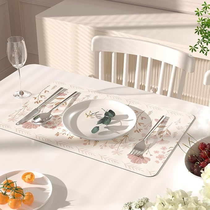 QIYI PU Leather Placemats Set of 6, 12"x18" Waterproof Table Mats, Blush | Faux Leather, Heat Resistant, Anti Slip, Wipeable Place Mats for Kitchen Dinning, Party Table Décor, Pink Flowers