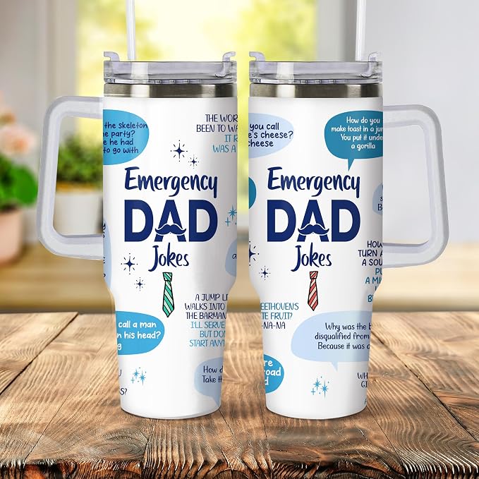 Gossby Emergency Dad Jokes Tumbler, 30oz Stainless Steel with Handle | Funny Gift for Dad, Birthday Gift for Him, Dad Coffee Tumbler with Straw, Insulated Travel Cup, Gift for Daddy, Stepdad