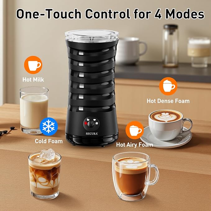 Secura Electric Milk Frother, 4-in-1 Automatic Hot & Cold Foam Maker | Quiet Operation & Easy Cleanup – Create Rich, Smooth Foam for Lattes and Cappuccinos, Includes Silicone Spatula