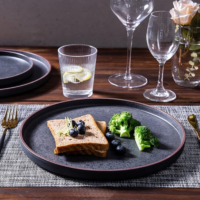 LERATIO Stoneware Dinnerware Sets for 8,24-Piece Matte Plates and Bowls Set | Handmade High Edge Rim Dish Set,Oven & Microwave,Dishwasher Safe,Scratch Resistant-Ashen