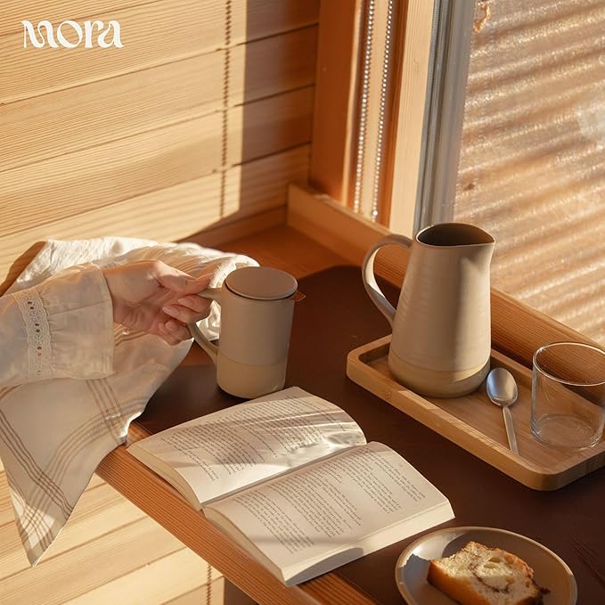 Mora Ceramics Tea Cup with Loose Leaf Infuser, Spoon and Lid, 12 oz, Microwave and Dishwasher Safe Coffee Mug - Rustic Matte Ceramic Glaze, Modern Herbal Tea Strainer - Great Gift for Women, Mushroom