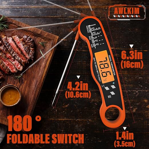AWLKIM Meat Thermometer Digital, Instant Read Food Thermometer, Orange | Waterproof cooking thermometer with doneness chart, backlight, F/C switch for BBQ, candy, oil