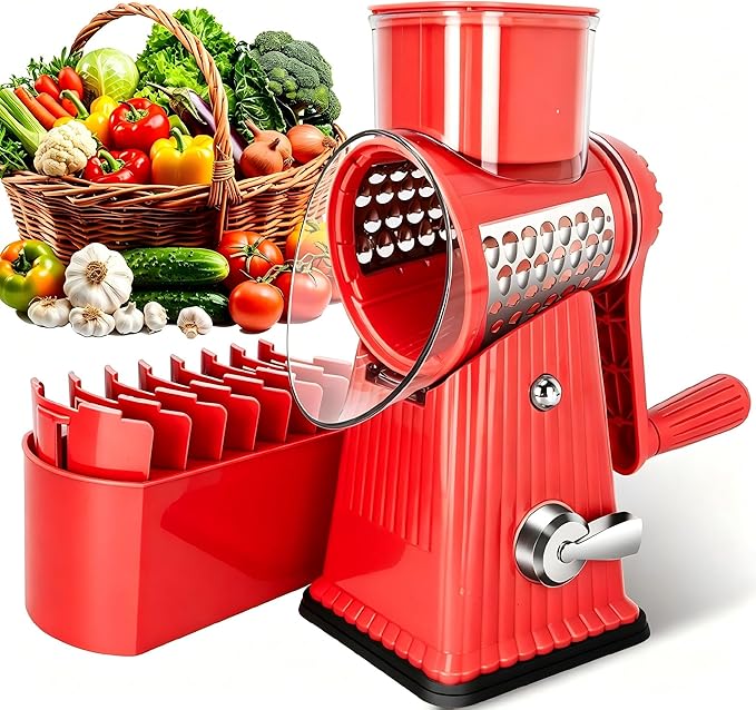 Rotary Cheese Grater with 5 Well-designed Blades & Strong Suction Base, Kitchen Mandoline Vegetable Slicer with Blade Storage Box (RED)