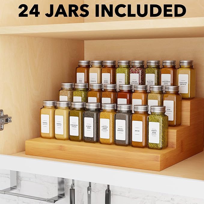 SpaceAid 24 Pcs Spice Jars with Labels, Empty 4oz Glass Spice Bottles, Minimalist Farmhouse Spice Labels Stickers with Funnel, Seasoning Containers for Spice Rack, Cabinet and Drawer