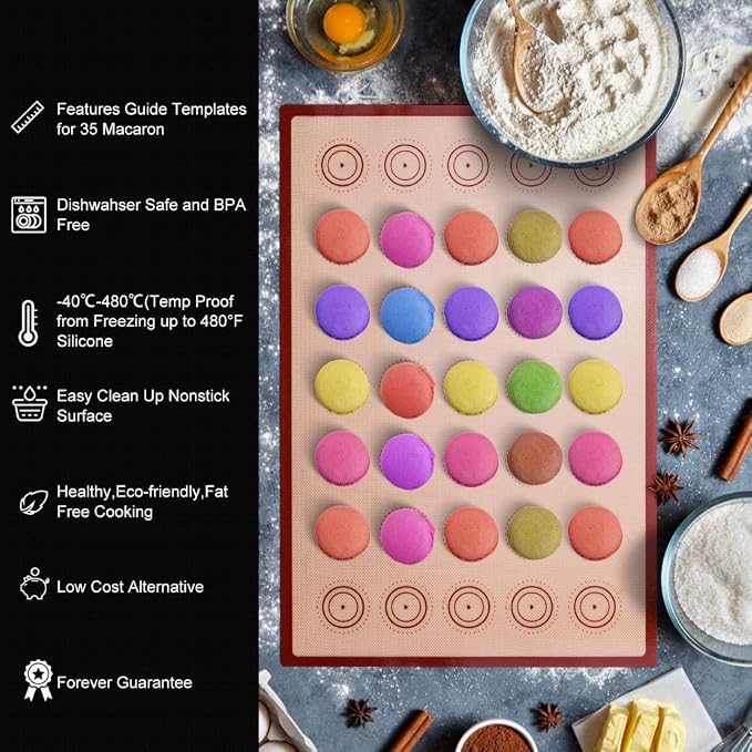 Angadona Macaron Silicone Baking Mats Kit (16pcs set) Macaroon Baking Mat Set of 2 Half Sheet Macaron Silicone Mat Nonstick Macaron Mat Sheet,6 Piping Tip,2 Piping Bag with 3 Bag Tie,2 coupler