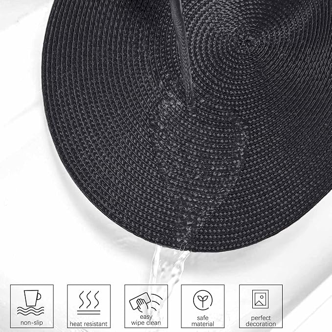 AHHFSMEI Round Placemats Set of 6 Heat Resistant Washable Non-Slip Woven Braided Table Mats for Dining Table Kitchen & Home Decor (Black)