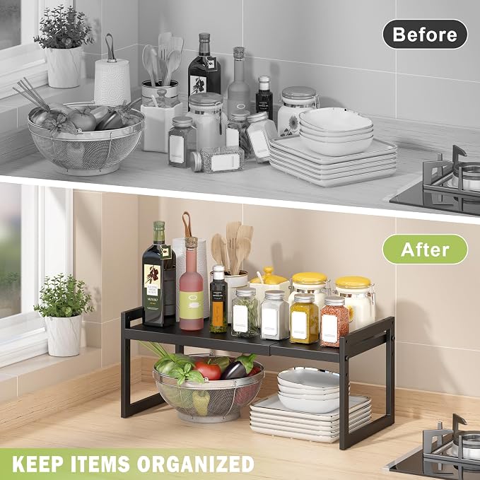 DOLALIKE Expandable Kitchen Countertop Organizer, Stackable Cabinet Shelf Organizers, Space Saving Spice Rack Pantry Storage for Bathroom Office Organization (Black, 2 Pack) | Space Saving Metal Pantry Storage Racks for Kitchen Spice Rack Pans and Unte...