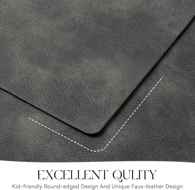 MOSAYT Vinyl Placemats Set of 4-12 X 17 Inch - Faux Leather 100% Waterproof Oil-Proof Wipeable PU Place Mats, Heat Resistant Reversible Table Mats for Kitchen, Dining, Outdoor, Dark Grey