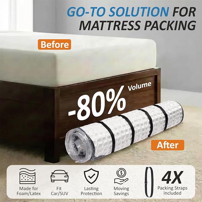 Foam Mattress Vacuum Bag with 4 Adjustable Packing Straps for Moving, Storage, Shipping, Vacuum Seal Mattress Bag with Packaging Straps (Queen/Full/Full-XL)