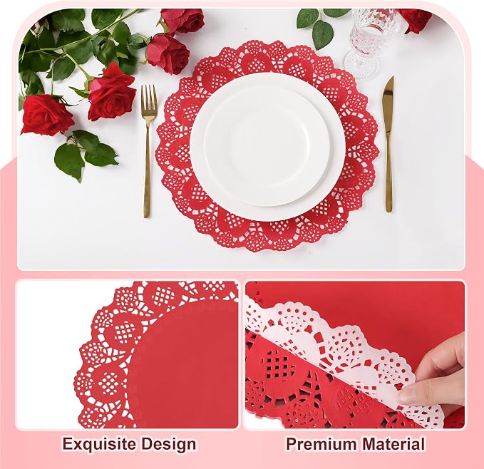 300 Pack 13.5 Inch Round Red Paper Doilies, Disposable Lace Placemat | Rustic Scallop Doily Table Pads, Heavy-Duty Paper Place Mats for Cakes, Crafts, Parties, Weddings, Buffet, Home Decor