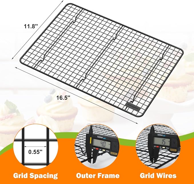 Cooling Rack,Heavy Duty 16.5'' x 11.8'' Wire Rack for Cooking and Baking | Fits Half Sheet Pans,Dense Cross-Hatched Grid,Thick Frame,for Baking Cookies,Cakes,Bread,Roasting and Oven Cooking-Black