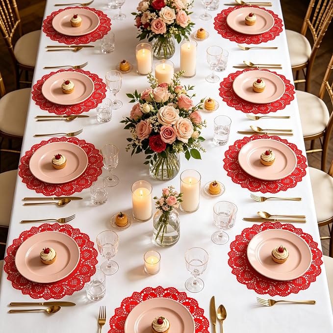 MCEAST 100 Pack Round Red Paper Doilies 13.5 Inches Lace Paper Place Mats Rustic Scallop Doily Disposable Table Pads for Food Cakes Crafts Party Weddings Tableware Decor