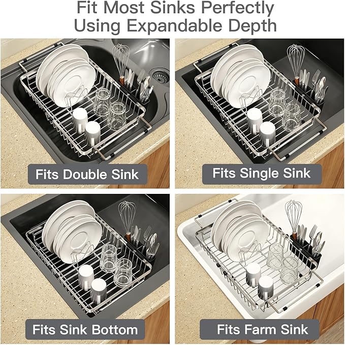 Dish Drying Rack Over The Sink with Utensil Holder, Mat | Expandable Stainless Steel Dish Drainer for Small Kitchen, Apartment, RV, Counter Space Saving, Perfect Fit, Rustproof