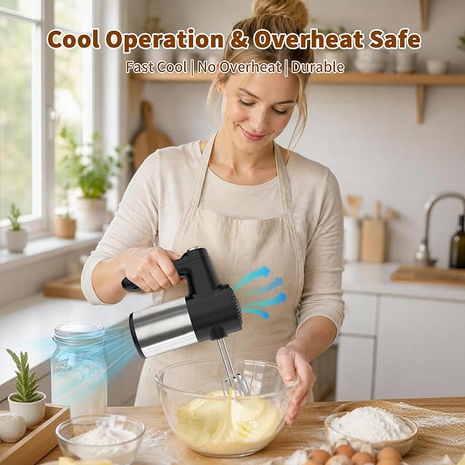 binROC Cordless Electric Hand Mixer, 7-Speed with Storage Base, Black | Rechargeable, Eject Button, Long Battery, Quiet Anti-Splash, 6×304 Stainless Attachments, Self-Stand for Cake, Dough Baking