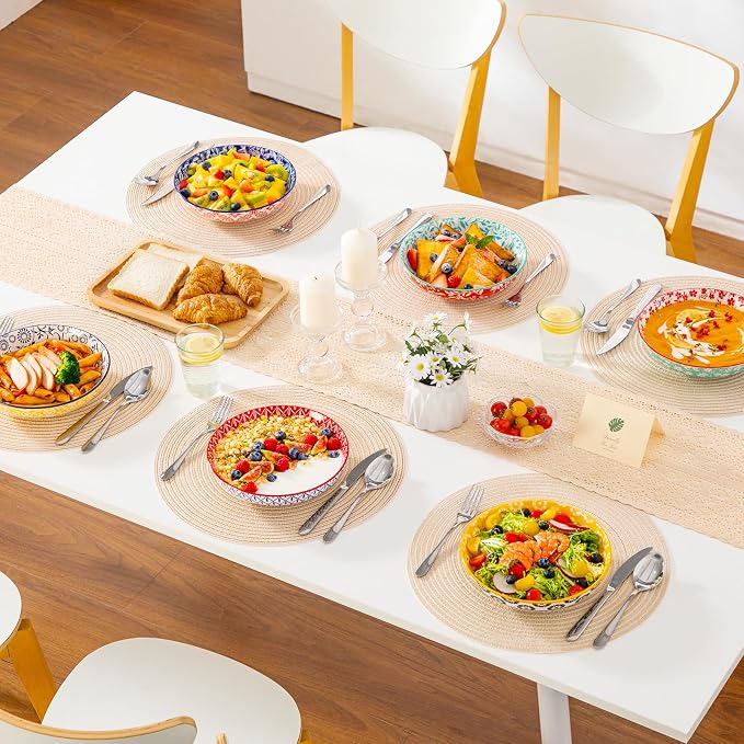 vancasso 8.5" Pasta Bowls Set of 6, 40 oz Porcelain Shallow Salad Bowls, Serving Bowls Pasta Dishes Plates Large Kitchen Bowl Plates, Vivid Floral Design, Microwave Safe, Series SELENE