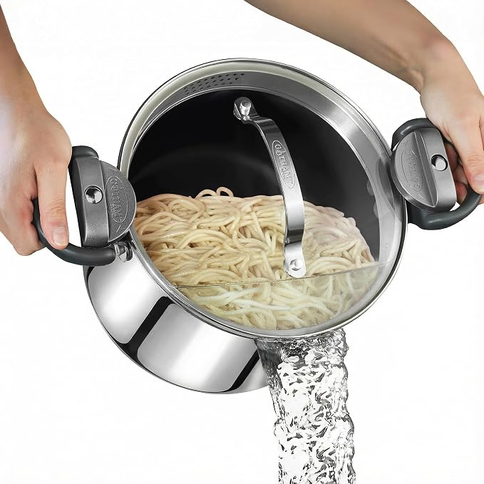 GOTHAM STEEL 8 Qt Stainless Steel Stock Pot Multipurpose Pasta Pot | With Strainer Lid + Twist and Lock Handles, Cooking Pot for Soup, Spaghetti, Rice, Induction Compatible, Dishwasher Safe