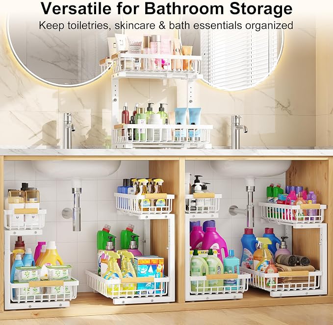 2 Pack Under Sink Organizer, Pull Out Cabinet Organizers, Adjustable Height 2-Tier Metal Slide Out Shelf for Bathroom Under Counter Storage, Kitchen Pantry Laundry Organization Rack, White
