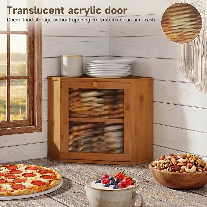 Bread Box for Kitchen Corner Countertop,Large Bread Basket (Brown, Large) | Double Layer Bamboo Bread Storage Container for Kitchen Countertop,Height Adjustable