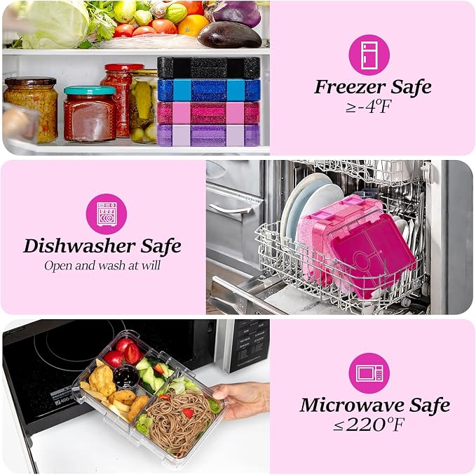 Bento Lunch Box for Kids, 5/6 Compartments, Shiny Purple and Clear | Dishwasher Safe Back to School Snack Bento Lunch Containers Boxes, Ideal Portion Sizes for On-the-Go Meal, Ages 3+, School
