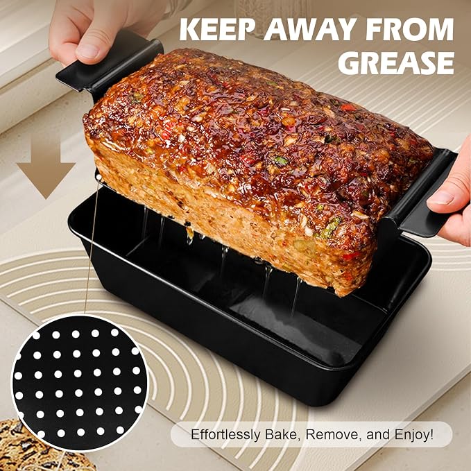 Pullman Loaf Pan with Lid + Non-Stick Meatloaf Pan with Draining Insert, Carbon Steel Bakeware with Scraper & Brush, 2LB Baking Pans for Homemade Bread & Meatloaf