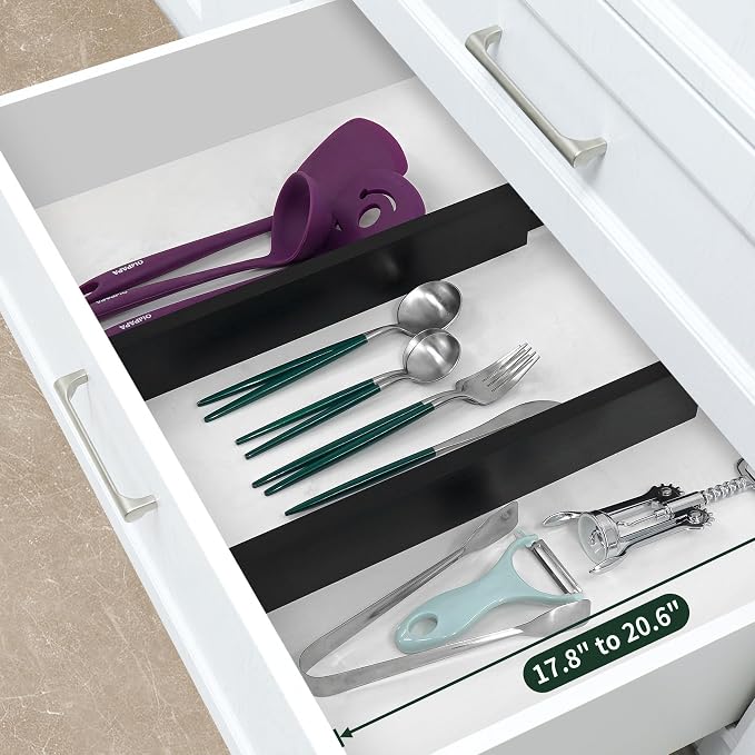 Utoplike Bamboo Kitchen Drawer Divider, Black Utensil Drawers Organizer | Adjustable, Spring Loaded, Works in Kitchen, Dresser, Bathroom, Bedroom, Drawer, Desk, 2.4" H, Fit 17.8"-20.6" Inner Drawer