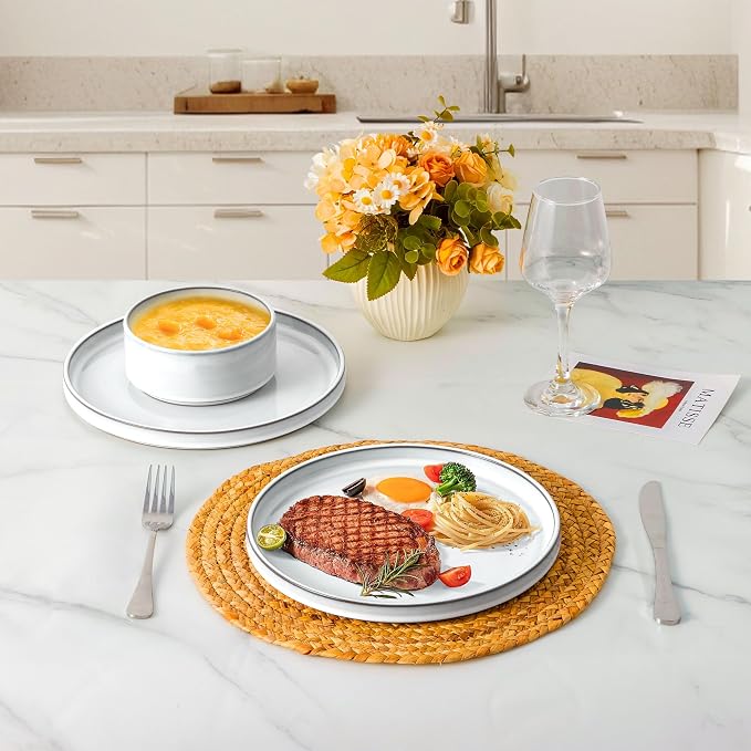 LIANYU 12 Piece Dinnerware Dishes Sets for 4, Stoneware Plates and Bowls | Ceramic Dishware Set for Pasta Dessert Cereal, Rustic Terracotta Bottom, Microwave & Dishwasher Safe, Lucent White