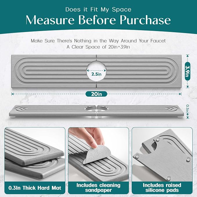 Faucet Mat for Kitchen Sink - Diatomaceous Earth Faucet Splash Guard, Fast Drying Sink Protector - Water Absorbing Stone for Bathroom Sink (Grey, 20'' x 3.9'')